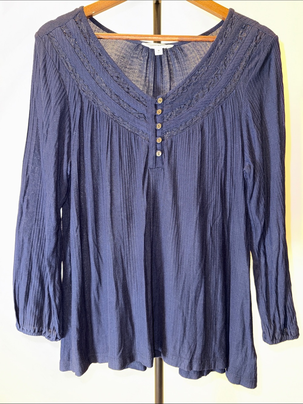Lucky Brand Navy Blue Peasant Tunic with Lace Yoke